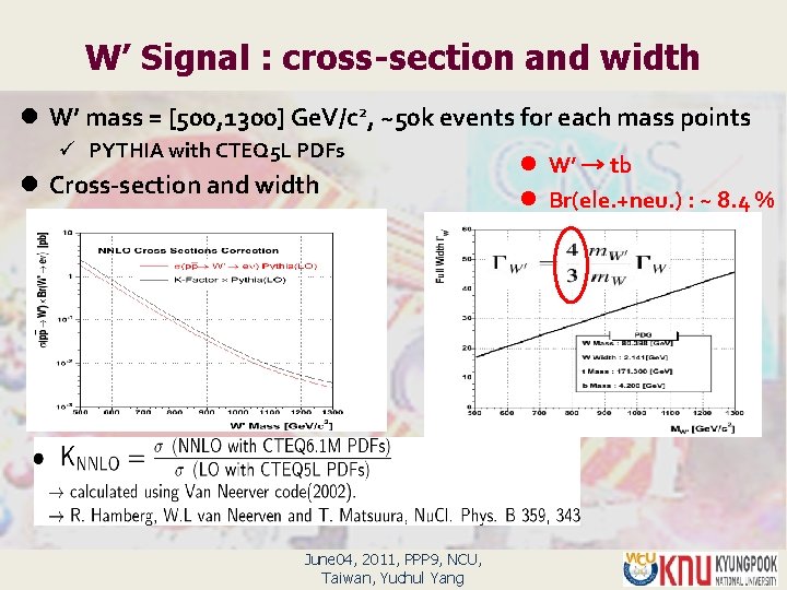 W’ Signal : cross-section and width l W’ mass = [500, 1300] Ge. V/c
