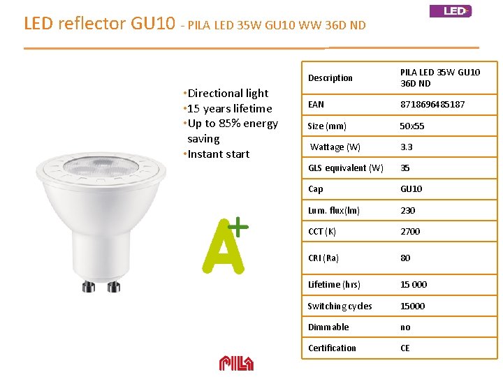 LED reflector GU 10 - PILA LED 35 W GU 10 WW 36 D