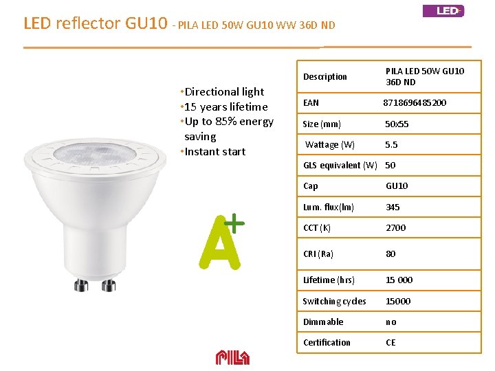 LED reflector GU 10 - PILA LED 50 W GU 10 WW 36 D