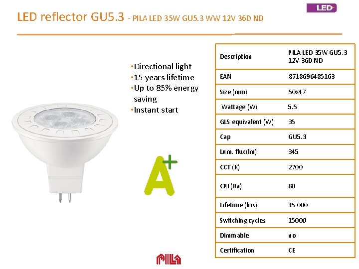 LED reflector GU 5. 3 - PILA LED 35 W GU 5. 3 WW