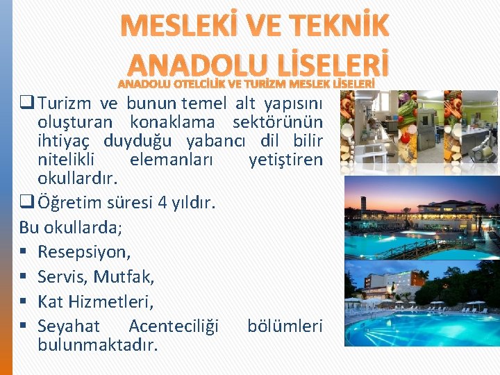 MESLEKİ VE TEKNİK ANADOLU LİSELERİ ANADOLU OTELCİLİK VE TURİZM MESLEK LİSELERİ q Turizm ve