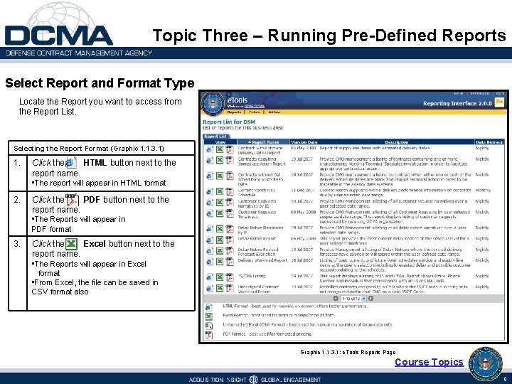 Topic Three – Running Pre-Defined Reports Select Report and Format Type Locate the Report