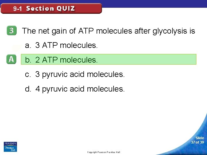 9 -1 The net gain of ATP molecules after glycolysis is a. 3 ATP