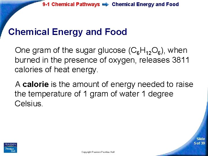 9 -1 Chemical Pathways Chemical Energy and Food One gram of the sugar glucose