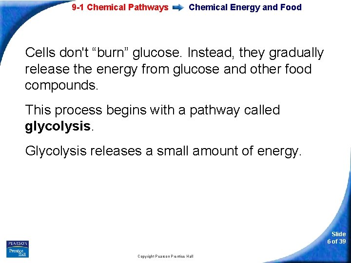 9 -1 Chemical Pathways Chemical Energy and Food Cells don't “burn” glucose. Instead, they