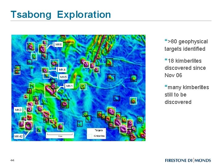 Tsabong Exploration }>80 geophysical targets identified MK 6 MK 4 MK 5 1 MK