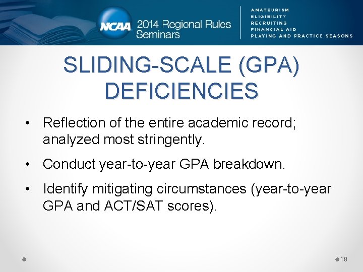 SLIDING-SCALE (GPA) DEFICIENCIES • Reflection of the entire academic record; analyzed most stringently. •