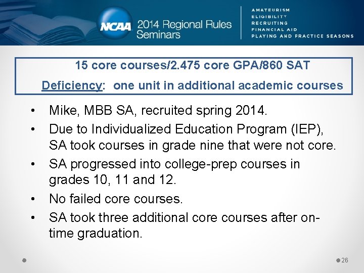 15 core courses/2. 475 core GPA/860 SAT Deficiency: one unit in additional academic courses