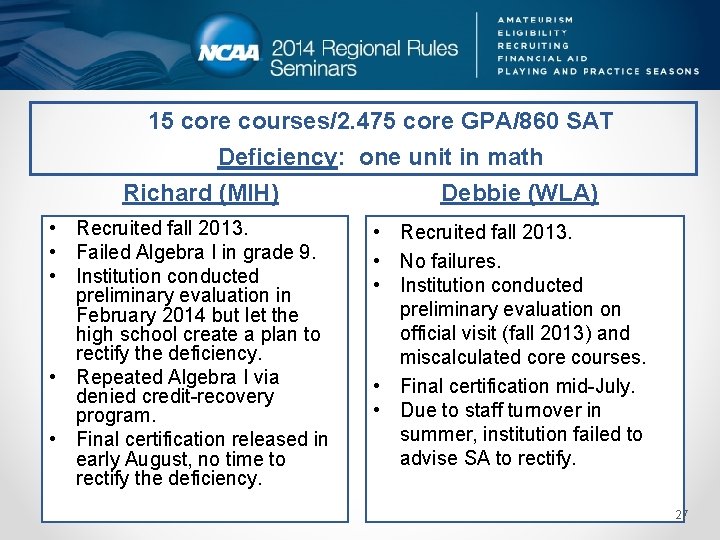 15 core courses/2. 475 core GPA/860 SAT Deficiency: one unit in math Richard (MIH)