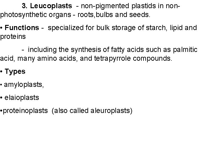 3. Leucoplasts - non-pigmented plastids in nonphotosynthetic organs - roots, bulbs and seeds. •