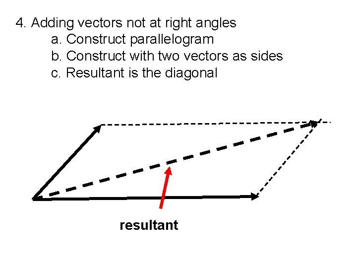 4. Adding vectors not at right angles a. Construct parallelogram b. Construct with two 4. Adding vectors not at right angles a. Construct parallelogram b. Construct with two