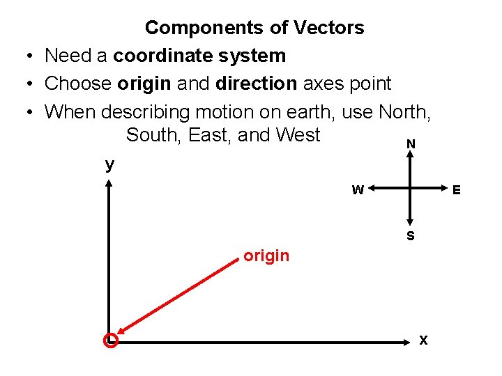Components of Vectors • Need a coordinate system • Choose origin and direction axes Components of Vectors • Need a coordinate system • Choose origin and direction axes