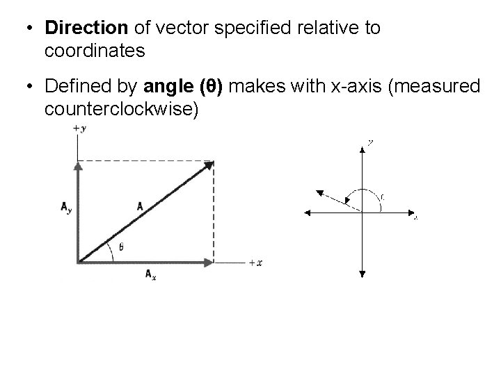 • Direction of vector specified relative to coordinates • Defined by angle (θ) • Direction of vector specified relative to coordinates • Defined by angle (θ)