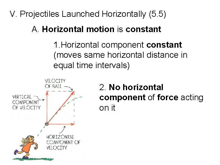 V. Projectiles Launched Horizontally (5. 5) A. Horizontal motion is constant 1. Horizontal component V. Projectiles Launched Horizontally (5. 5) A. Horizontal motion is constant 1. Horizontal component
