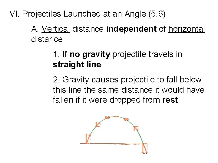VI. Projectiles Launched at an Angle (5. 6) A. Vertical distance independent of horizontal VI. Projectiles Launched at an Angle (5. 6) A. Vertical distance independent of horizontal