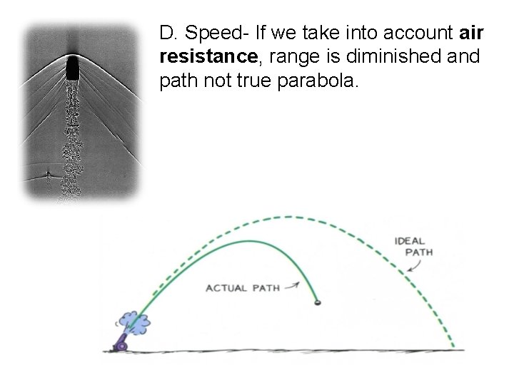 D. Speed- If we take into account air resistance, range is diminished and path D. Speed- If we take into account air resistance, range is diminished and path