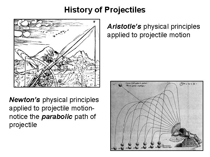 History of Projectiles Aristotle’s physical principles applied to projectile motion Newton’s physical principles applied History of Projectiles Aristotle’s physical principles applied to projectile motion Newton’s physical principles applied