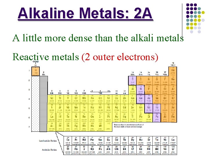 Alkaline Metals: 2 A A little more dense than the alkali metals Reactive metals