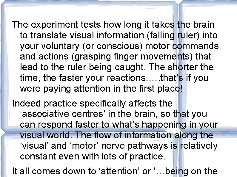The experiment tests how long it takes the brain to translate visual information (falling