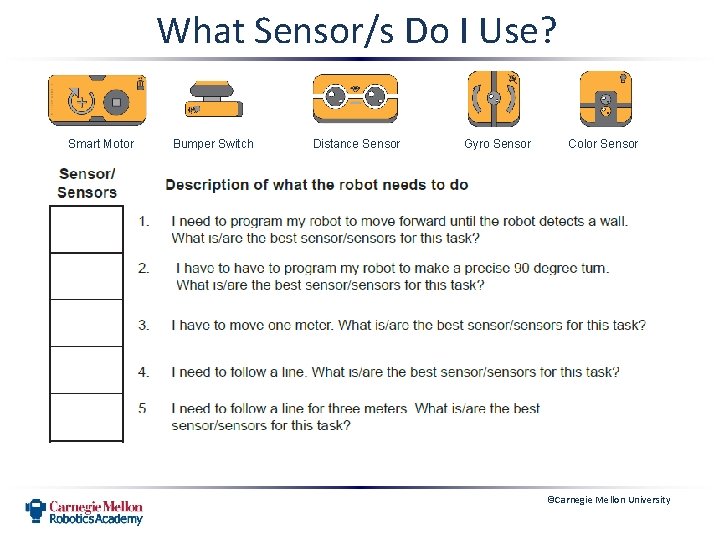 What Sensor/s Do I Use? Smart Motor Bumper Switch Distance Sensor Gyro Sensor Color