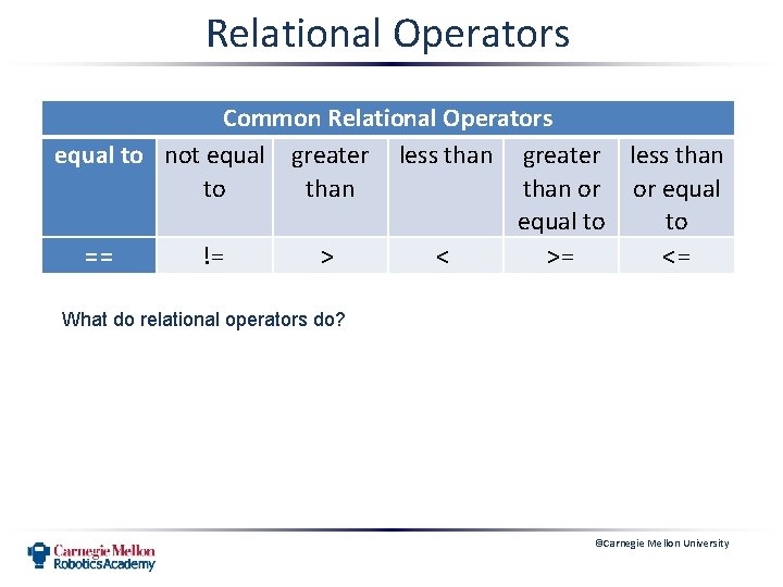 Relational Operators Common Relational Operators equal to not equal greater less than to than