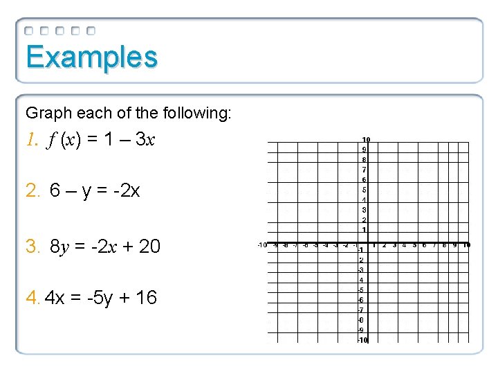 Examples Graph each of the following: 1. f (x) = 1 – 3 x