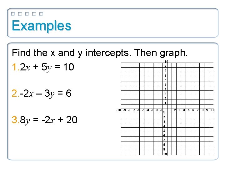 Examples Find the x and y intercepts. Then graph. 1. 2 x + 5