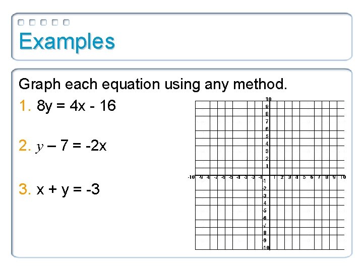 Examples Graph each equation using any method. 1. 8 y = 4 x -