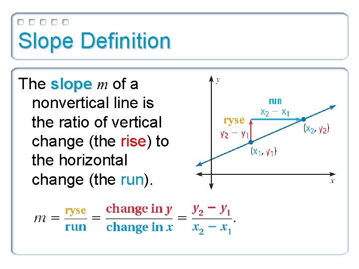 Slope Definition The slope m of a nonvertical line is the ratio of vertical