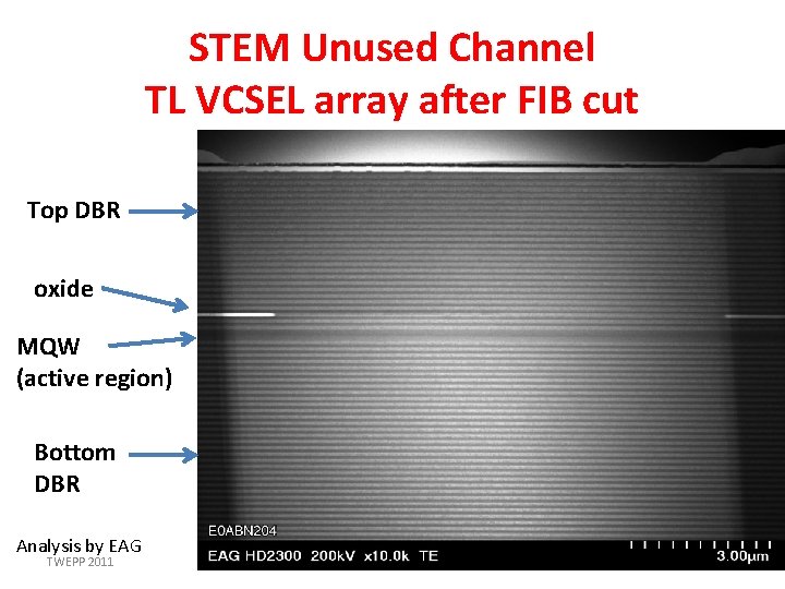STEM Unused Channel TL VCSEL array after FIB cut Top DBR oxide MQW (active