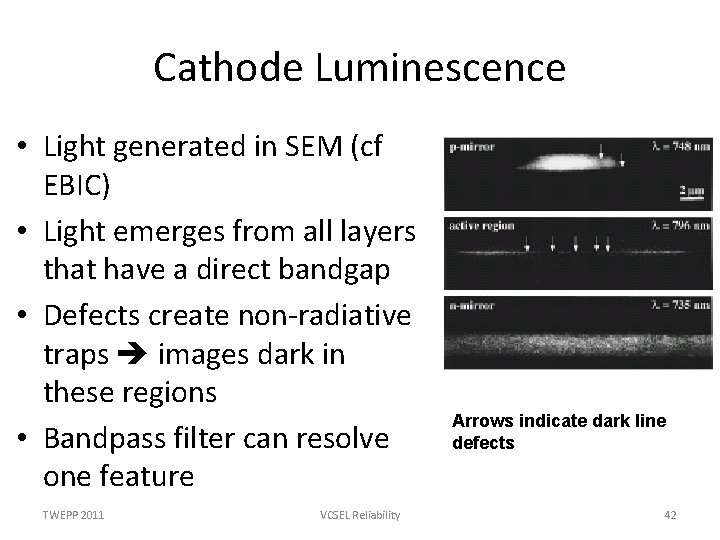 Cathode Luminescence • Light generated in SEM (cf EBIC) • Light emerges from all