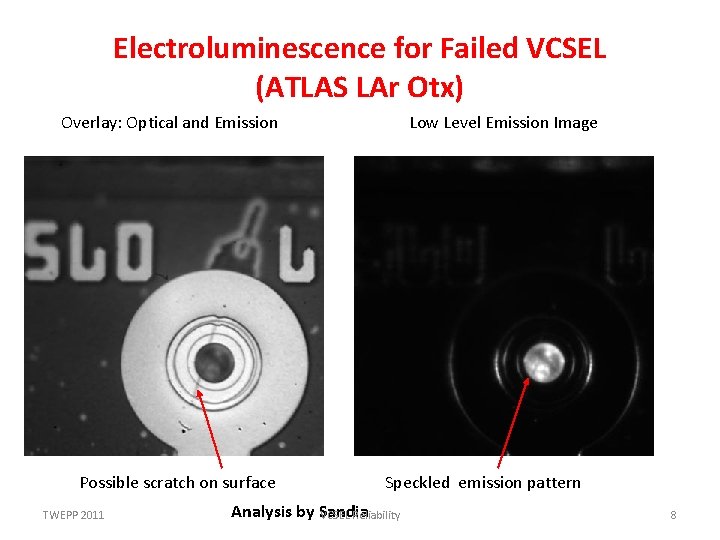 Electroluminescence for Failed VCSEL (ATLAS LAr Otx) Overlay: Optical and Emission Possible scratch on