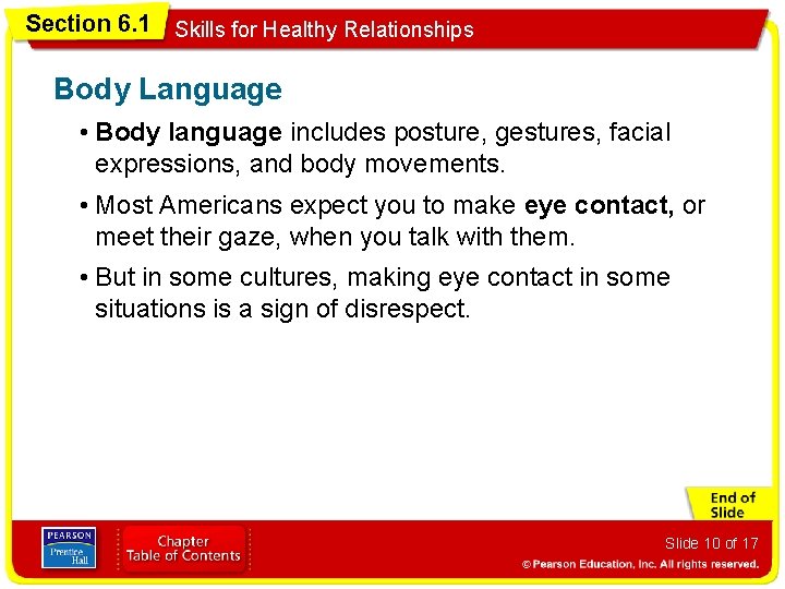 Section 6. 1 Skills for Healthy Relationships Body Language • Body language includes posture,
