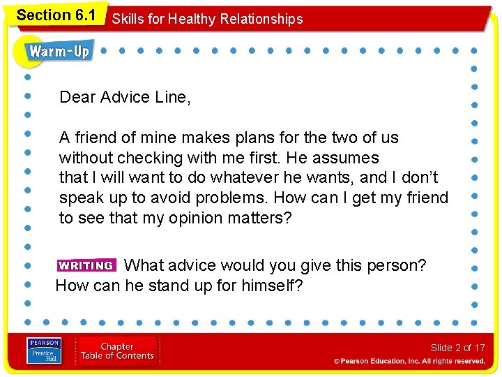 Section 6. 1 Skills for Healthy Relationships Dear Advice Line, A friend of mine