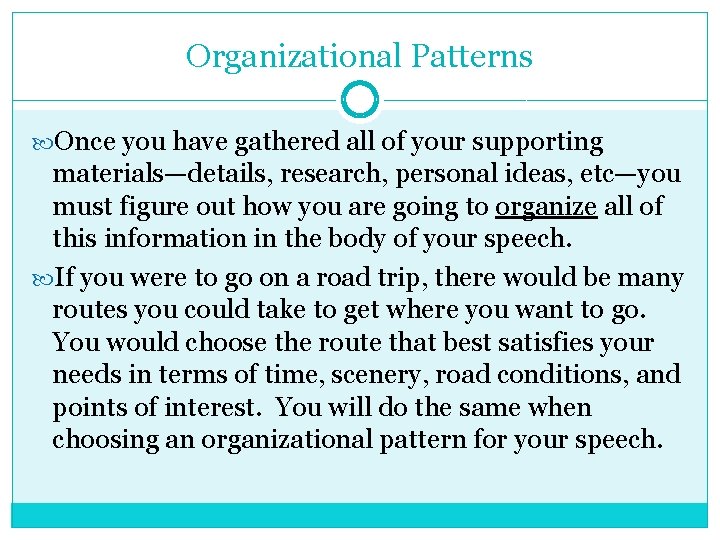Organizational Patterns Once you have gathered all of your supporting materials—details, research, personal ideas,
