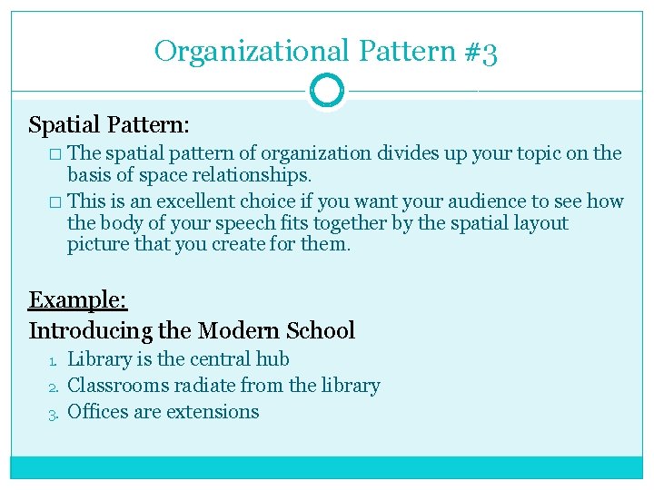 Organizational Pattern #3 Spatial Pattern: The spatial pattern of organization divides up your topic