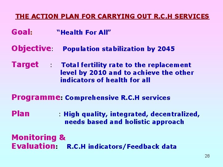 THE ACTION PLAN FOR CARRYING OUT R. C. H SERVICES Goal: “Health For All”