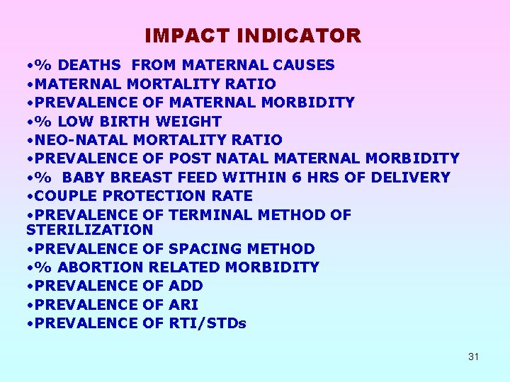 IMPACT INDICATOR • % DEATHS FROM MATERNAL CAUSES • MATERNAL MORTALITY RATIO • PREVALENCE