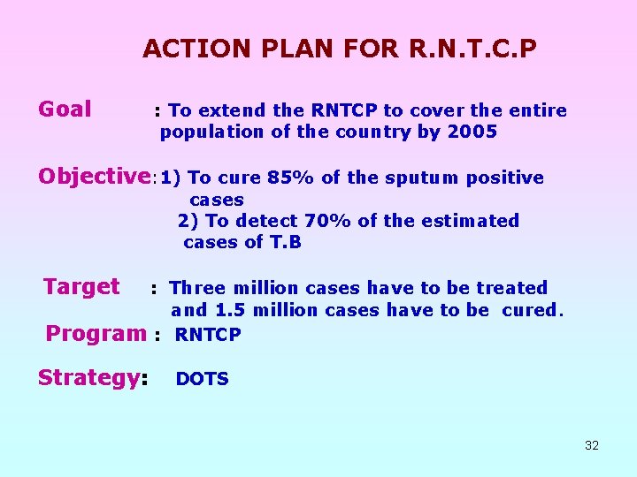 ACTION PLAN FOR R. N. T. C. P Goal : To extend the RNTCP