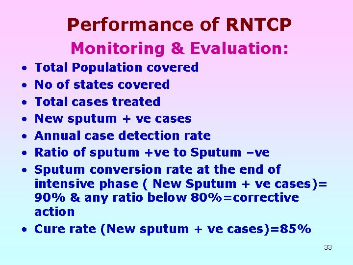 Performance of RNTCP Monitoring & Evaluation: • • Total Population covered No of states