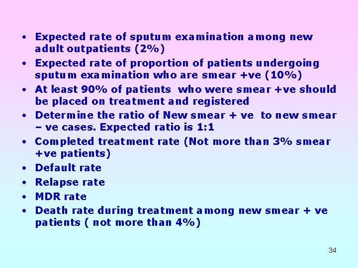  • Expected rate of sputum examination among new adult outpatients (2%) • Expected