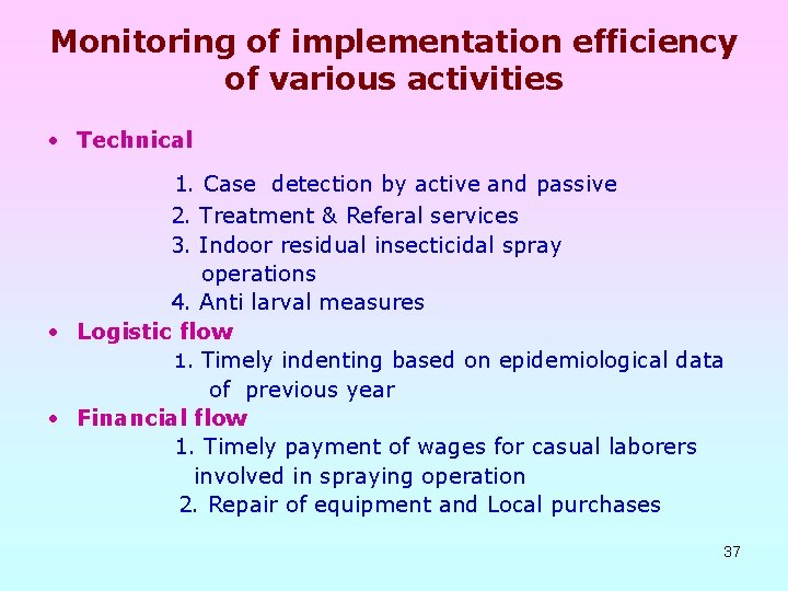 Monitoring of implementation efficiency of various activities • Technical 1. Case detection by active
