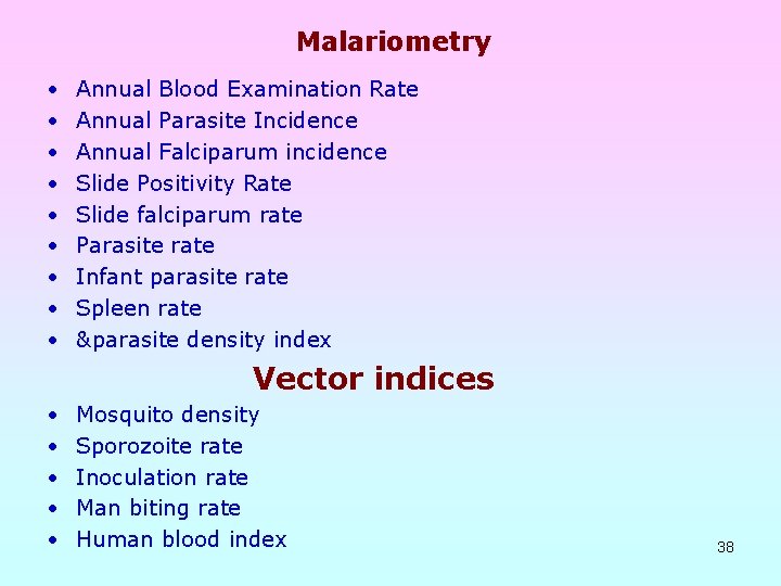 Malariometry • • • Annual Blood Examination Rate Annual Parasite Incidence Annual Falciparum incidence