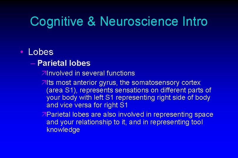 Cognitive & Neuroscience Intro • Lobes – Parietal lobes äInvolved in several functions äIts