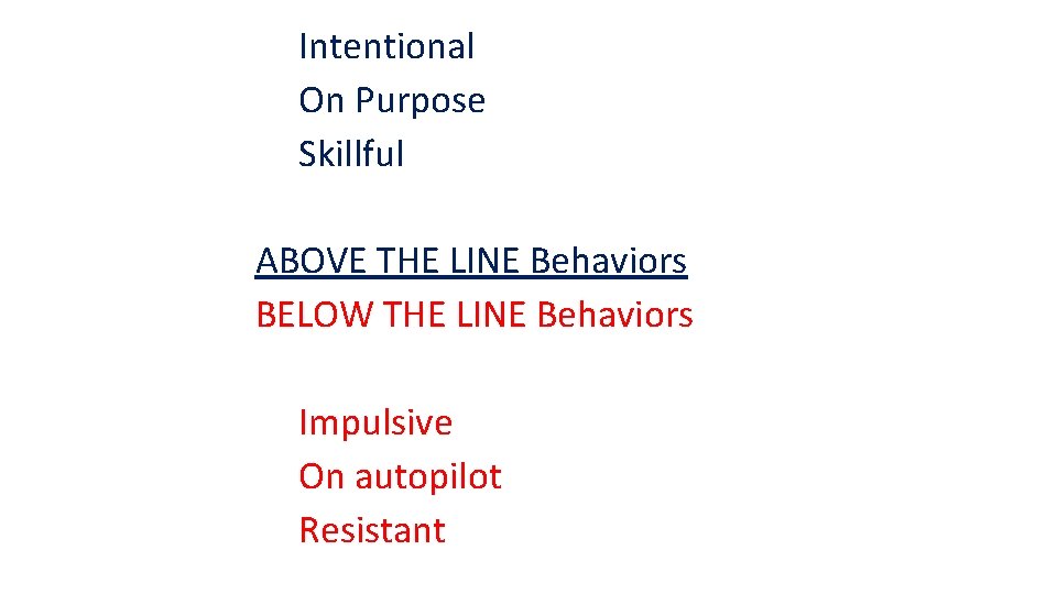 Intentional On Purpose Skillful ABOVE THE LINE Behaviors BELOW THE LINE Behaviors Impulsive On