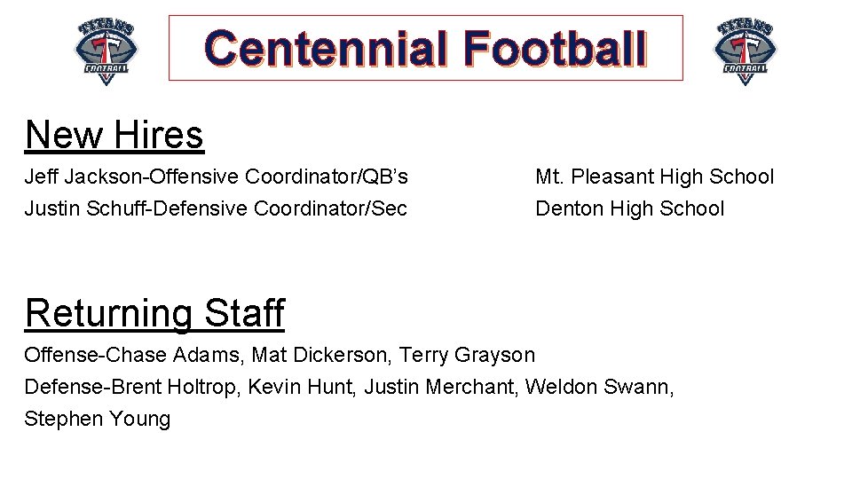 Centennial Football New Hires Jeff Jackson-Offensive Coordinator/QB’s Justin Schuff-Defensive Coordinator/Sec Mt. Pleasant High School