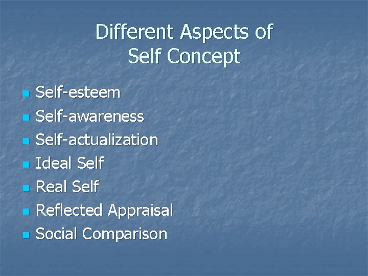 Different Aspects of Self Concept n n n n Self-esteem Self-awareness Self-actualization Ideal Self