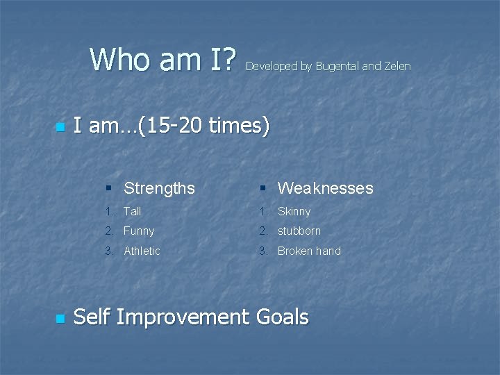 Who am I? n n Developed by Bugental and Zelen I am…(15 -20 times)