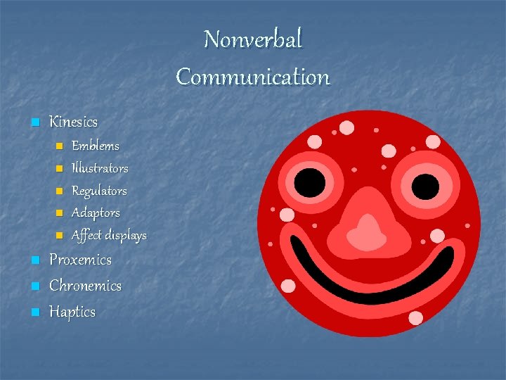Nonverbal Communication n Kinesics n n n n Emblems Illustrators Regulators Adaptors Affect displays