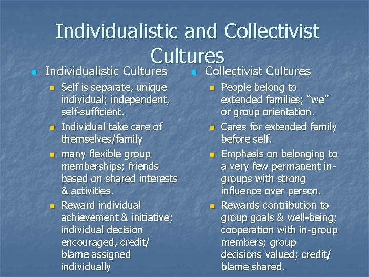 Individualistic and Collectivist Cultures n Individualistic Cultures n n Self is separate, unique individual;